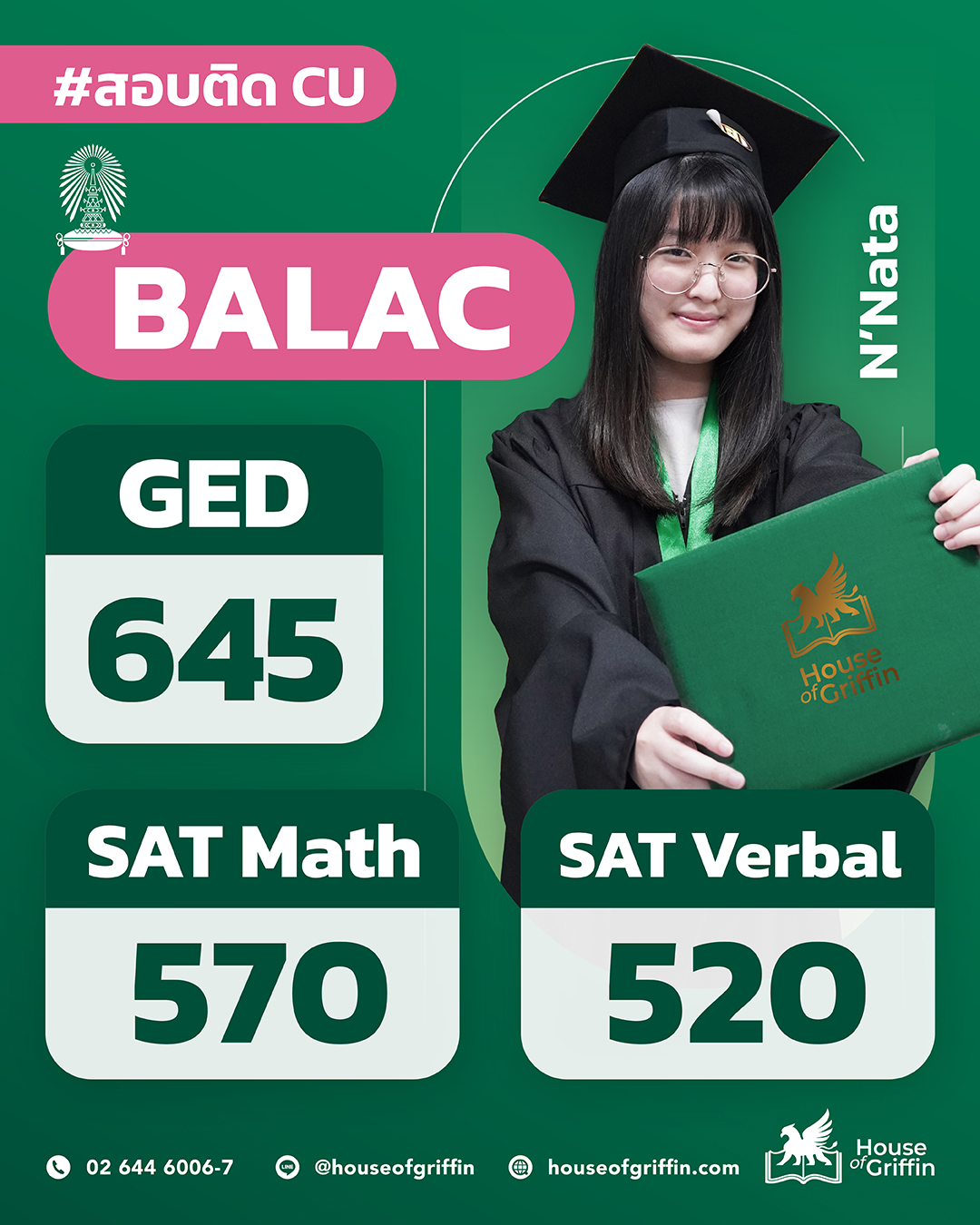 Admission จุฬาฯ อินเตอร์ คณะอักษรศาสตร์ คะแนนของ N'Nata