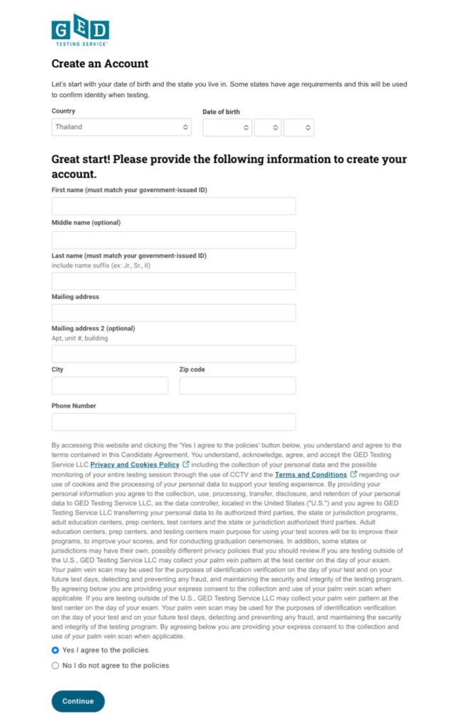 สมัครสอบ GED กรอกข้อมูลส่วนตัว