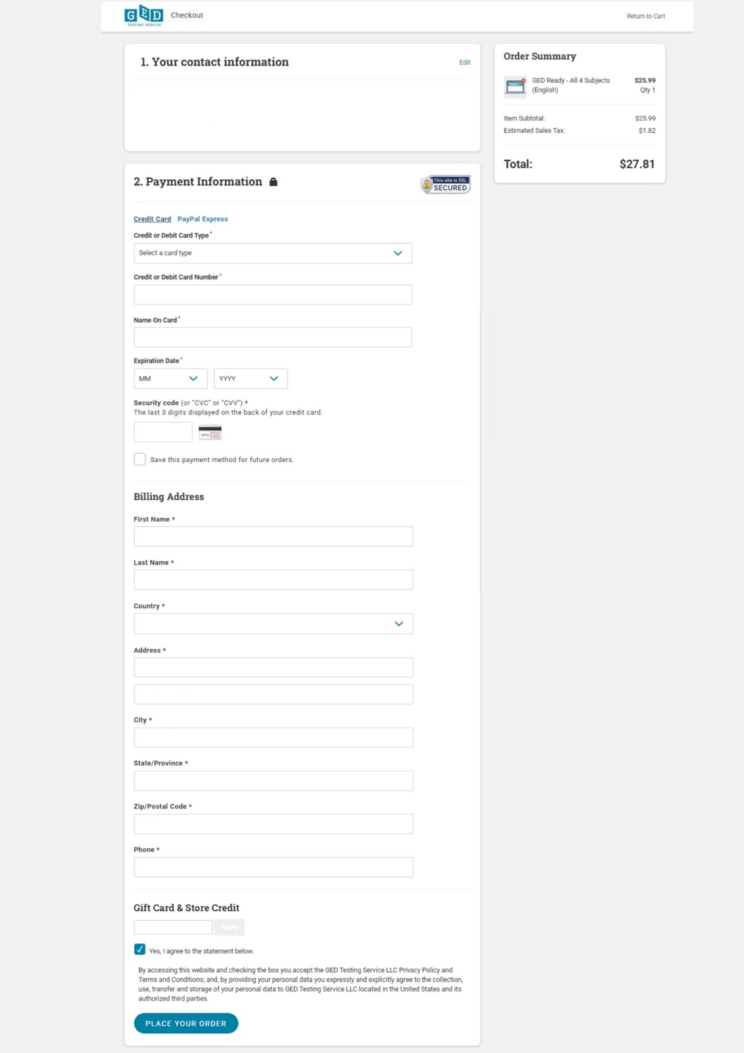 สมัครสอบ GED Ready กรอกข้อมูลการชำระเงิน