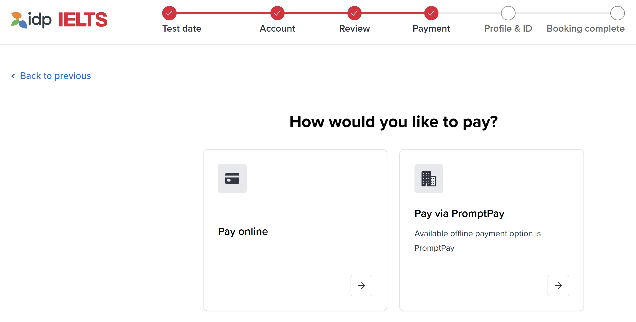 สมัครสอบ IELTS IDP เลือกวิธีชำระเงิน