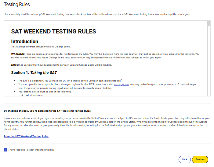 สมัครสอบ SAT ข้อตกลงในการสมัคร